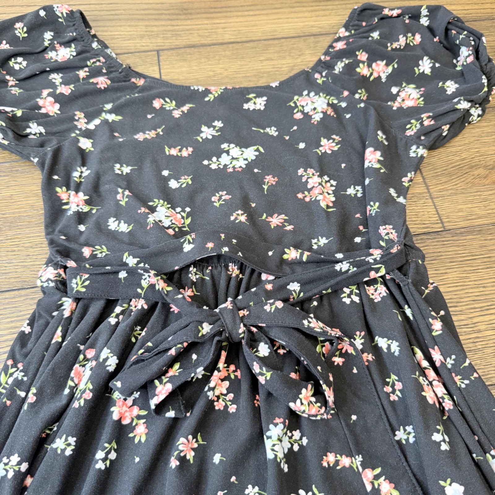 Black Floral Puff Sleeve Button Front High Low Tie Waist Dress Womens Large