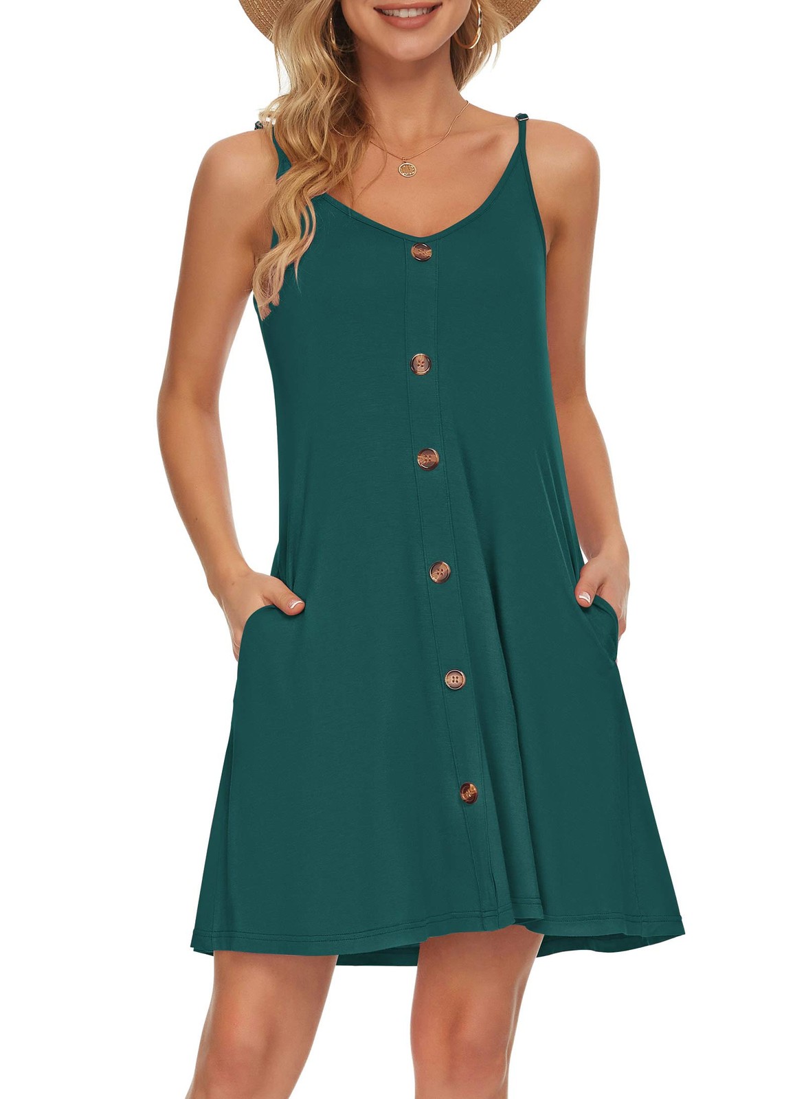 Women’s Summer Spaghetti Strap Button Down V Neck ( XL Dark Green)