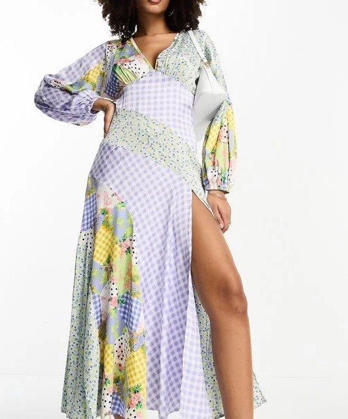 Asos Blue Green Floral Mixed Pattern V-Neck Satin Long Sleeve Dress Sz 14