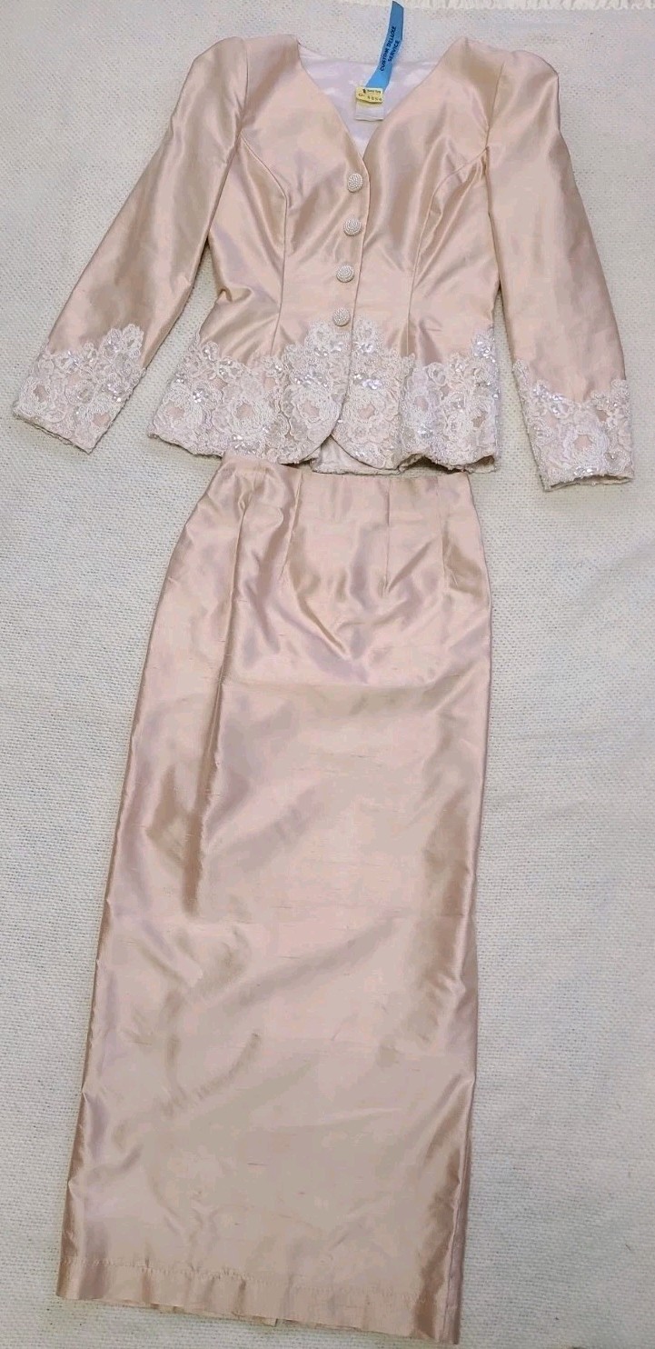 Watters Watters 2 Piece Size 4 Vtg Gown Stunning Blush Pink Lace Pearls Sequins