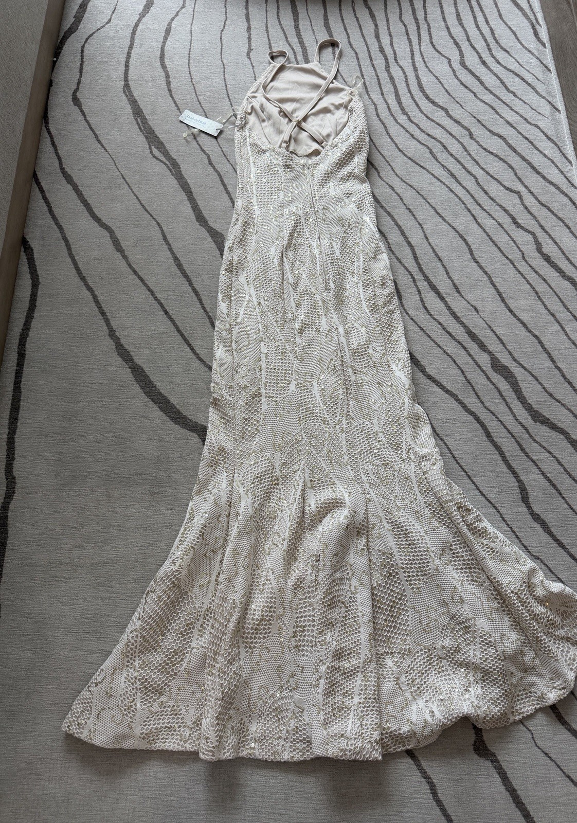 NWT Bailey Blue Ivory Lace Sequin Halter Strappy Back Long Gown Dress Size S