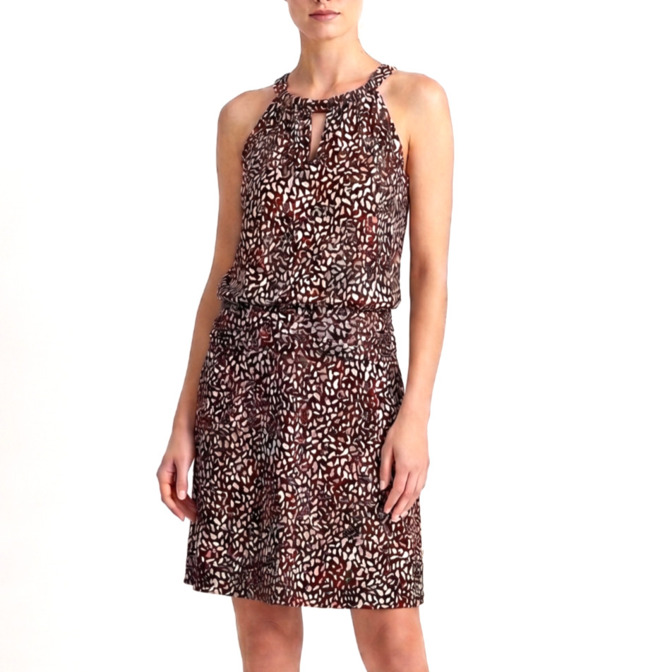 Valerie Bertinelli Drop Waist Halter Sheath Dress SZ 10 Brown White Coastal Chic