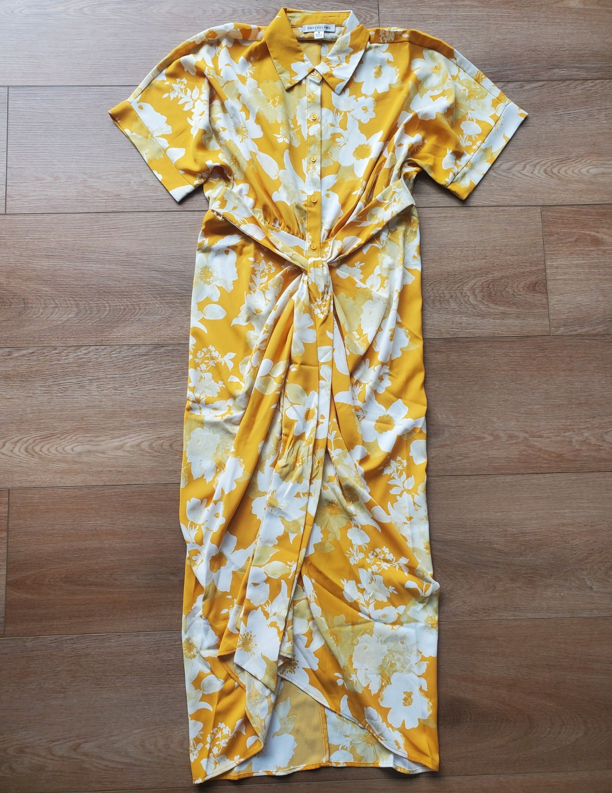 ONETHELAND Yellow/White Floral Button-Front Belted Collared Maxi Dress S