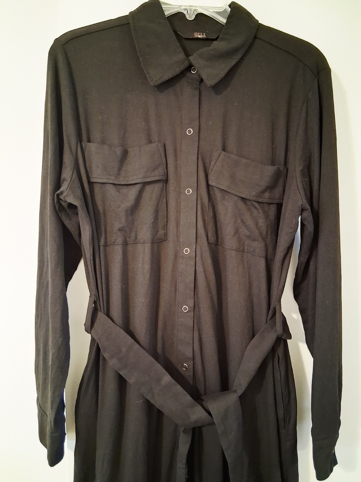 Black Jersey Shirt Dress Large Lightweight Belted Snap Close Collar Career NWOT