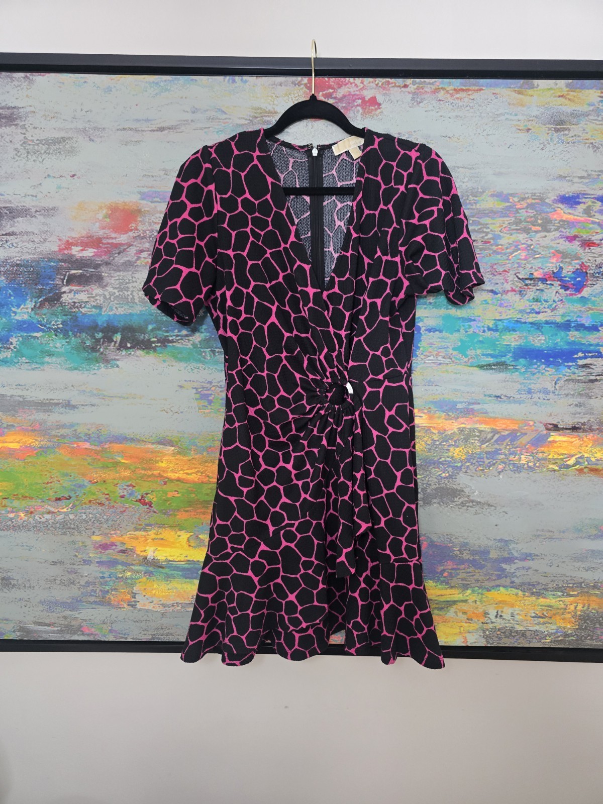 Michael Kors Pink & Black Giraffe Printed Faux Wrap ‘Date Night’ Dress Small