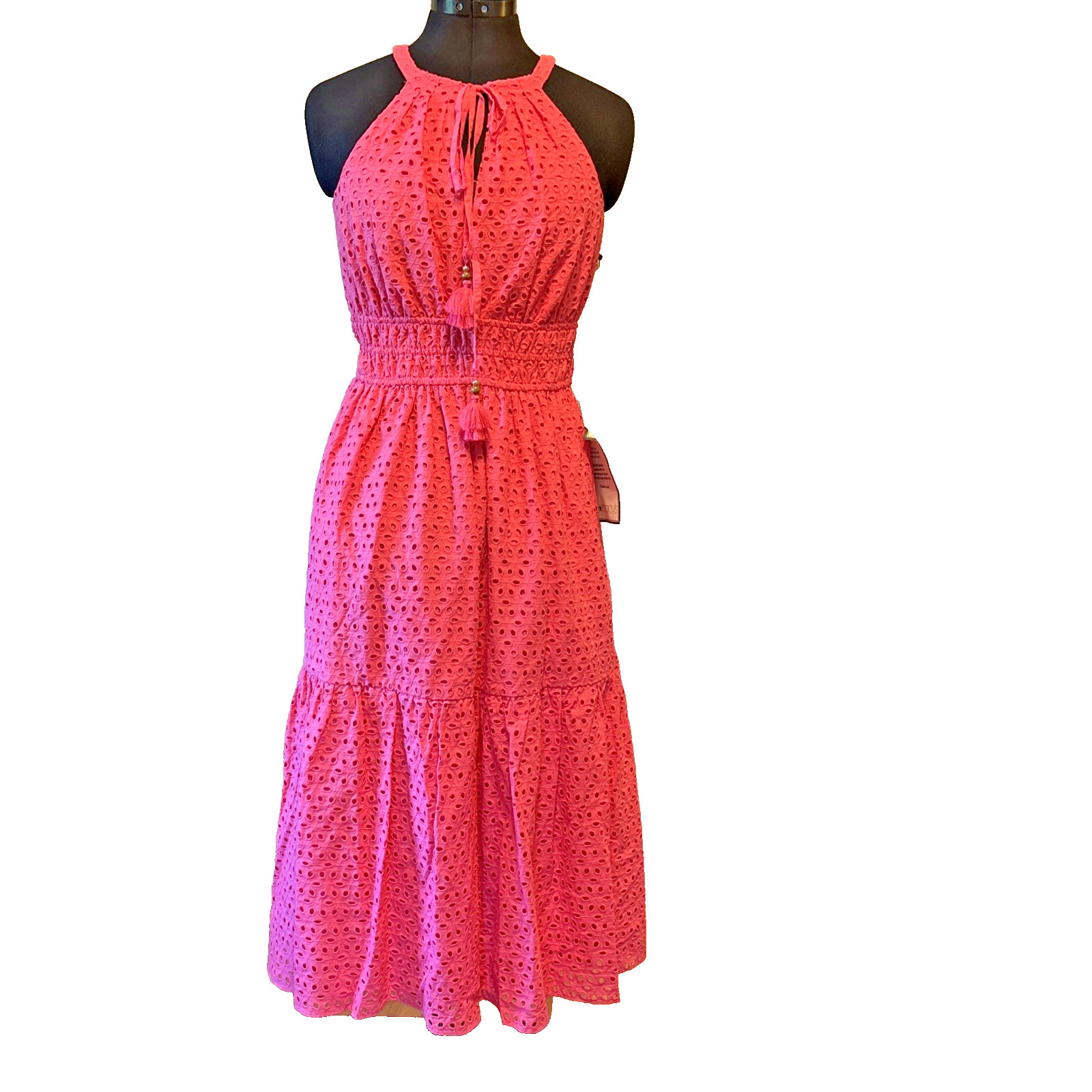 Vince Camuto Eyelet Halter Midi Dress Size 2 Pink Smocked Tassel Cotton New NWT