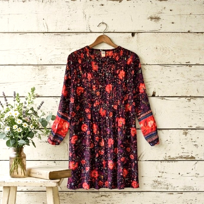 Old Navy Red Boho Peasant Dress Petite Small PS Pleated Long Sleeve Floral