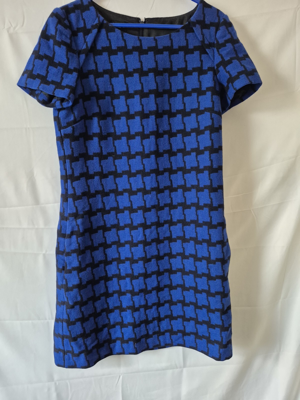 Hobbs London Blue Black Geometric Shift Dress Size 10 Wool Blend Lined Smart