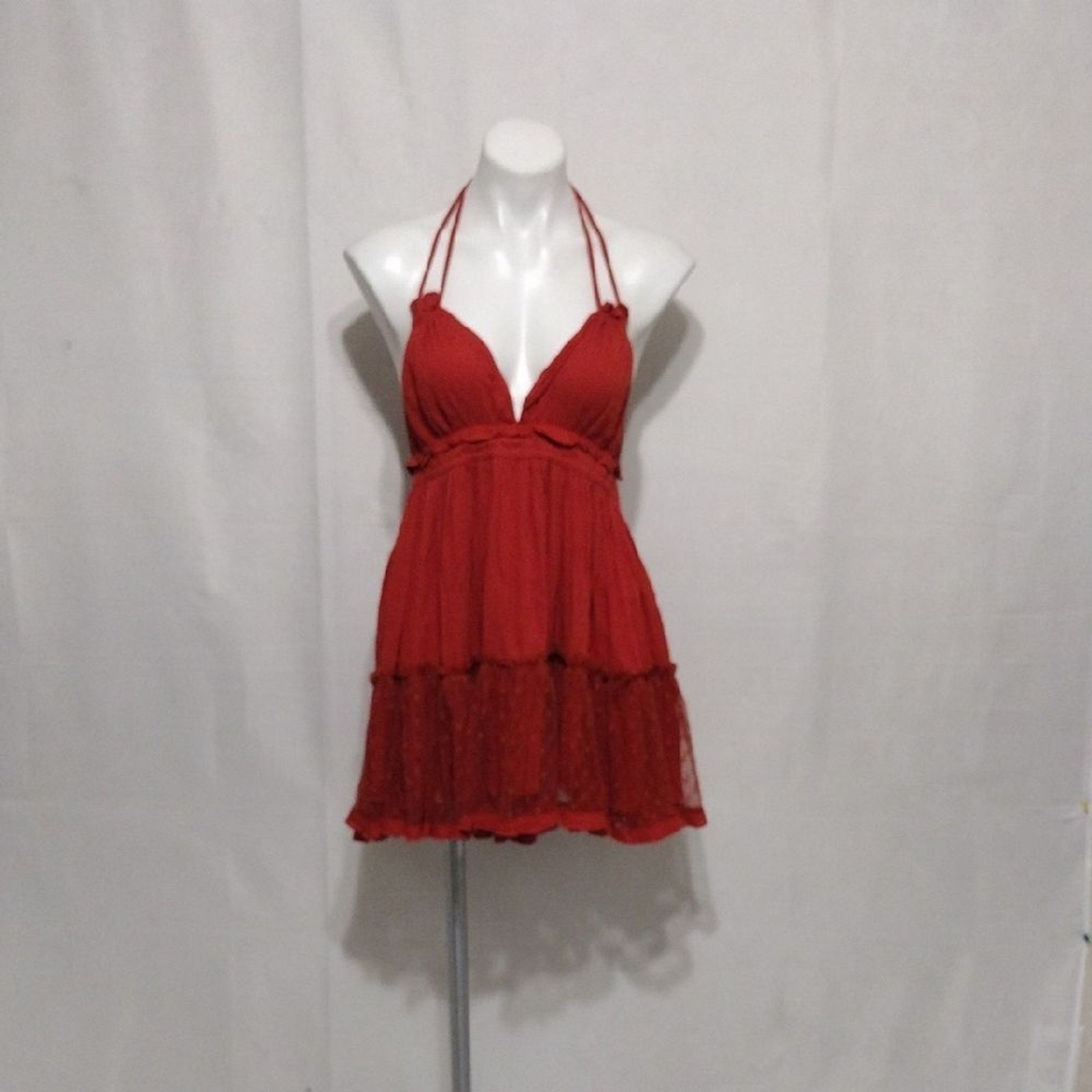 Bohemian Halter Neck Plunge VNeck Open Back Tiered Mini Dress Medium Chic Trendy