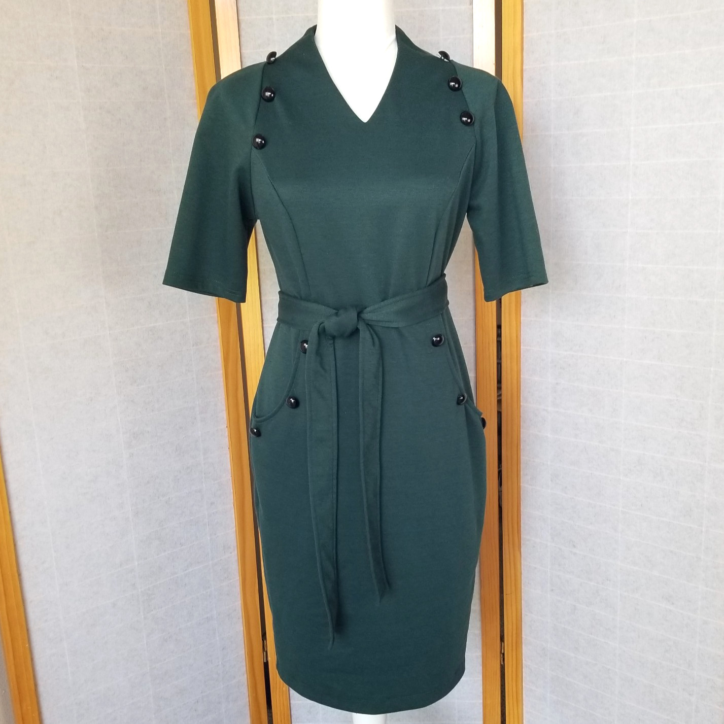Grace Karin Green Midi Dress Mad Men Vintage Style Belted Pockets Size Medium