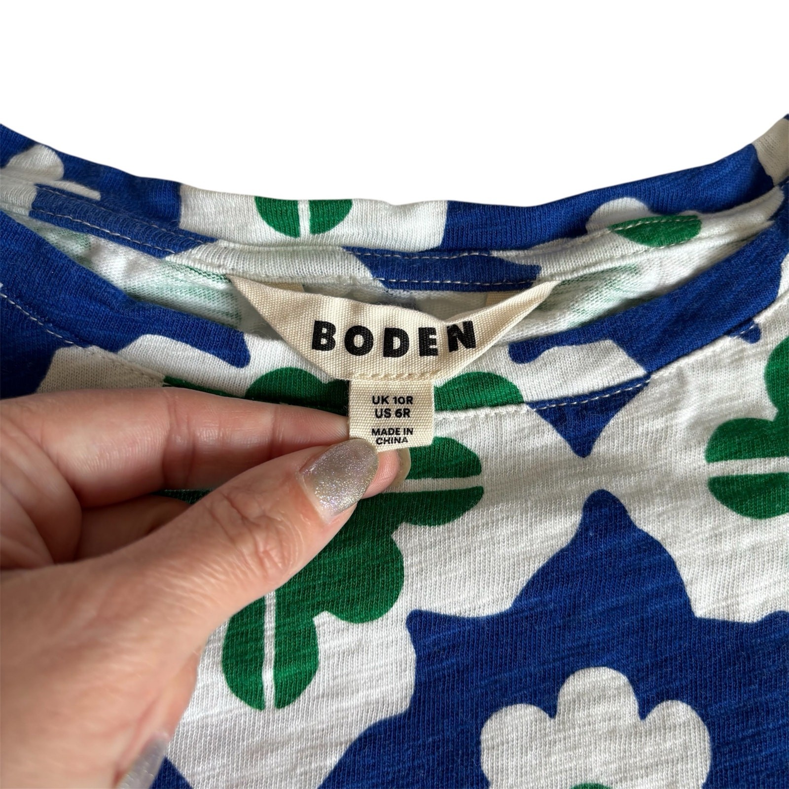 Boden Leah Green and Blue Geometric Pattern Jersey T-Shirt Dress Women’s Size 6