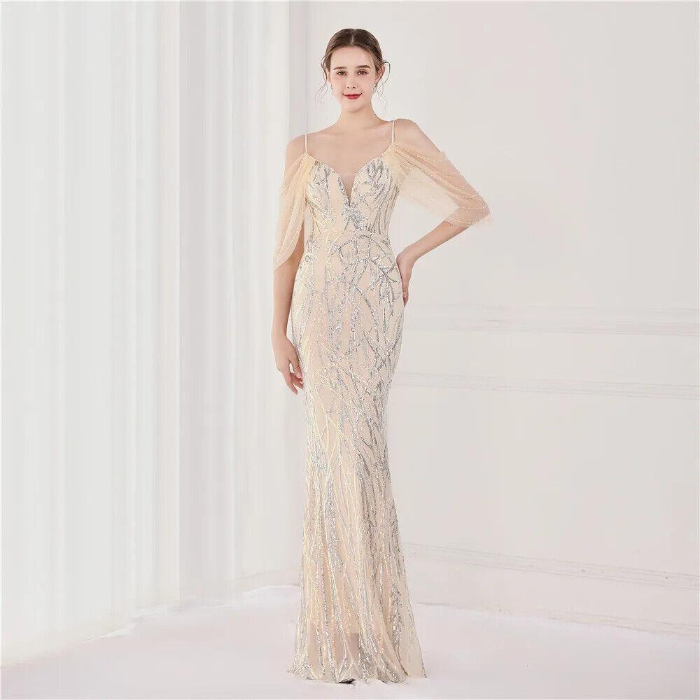 Women Performance Mesh Green Elegant Beading Evening Sequin Maxi Long Prom Dress