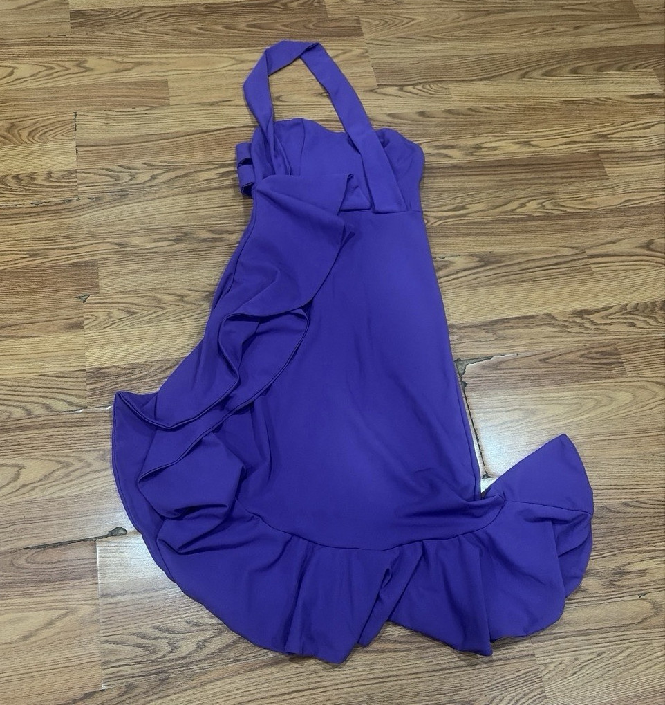 Purple Women’s Fit & Flare Midi Dress M Sweetheart Neck Sleeveless Ruffle Hem