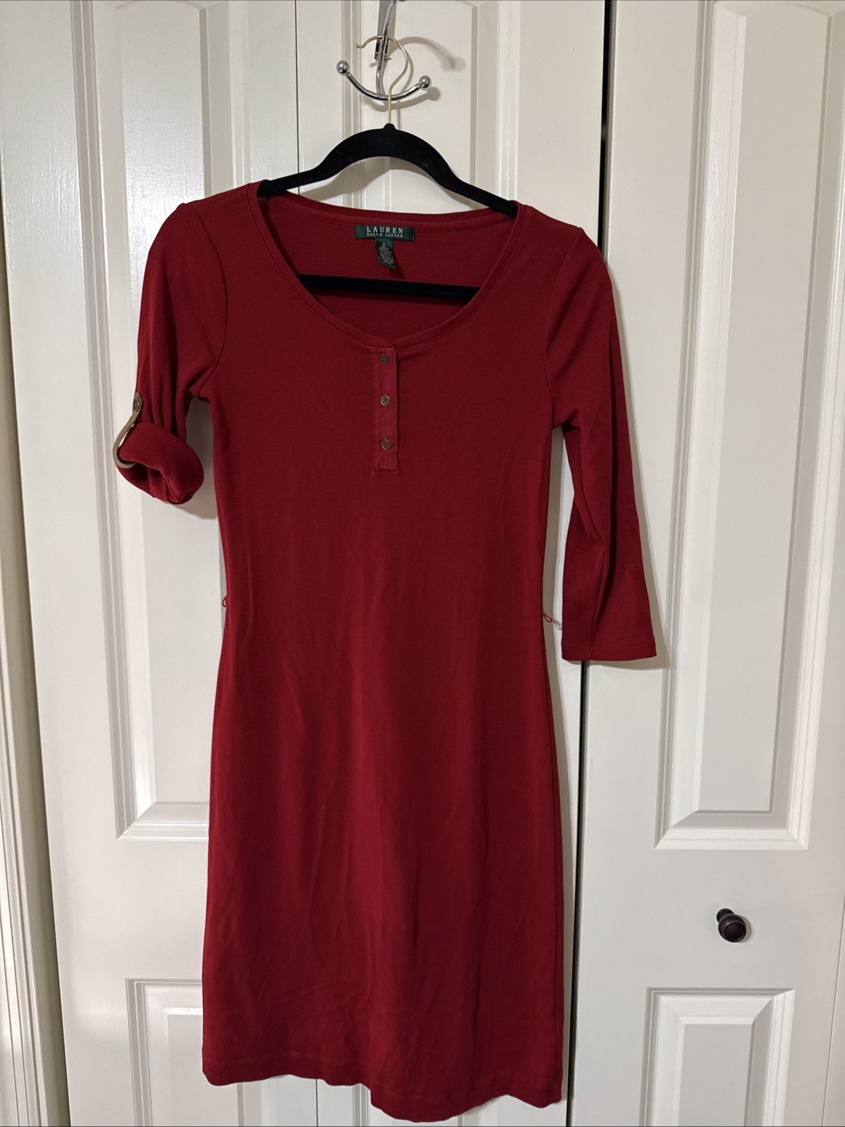 Lauren Ralph Lauren Cotton Henley Red Dress With Brown Accents Size Sm Holidays