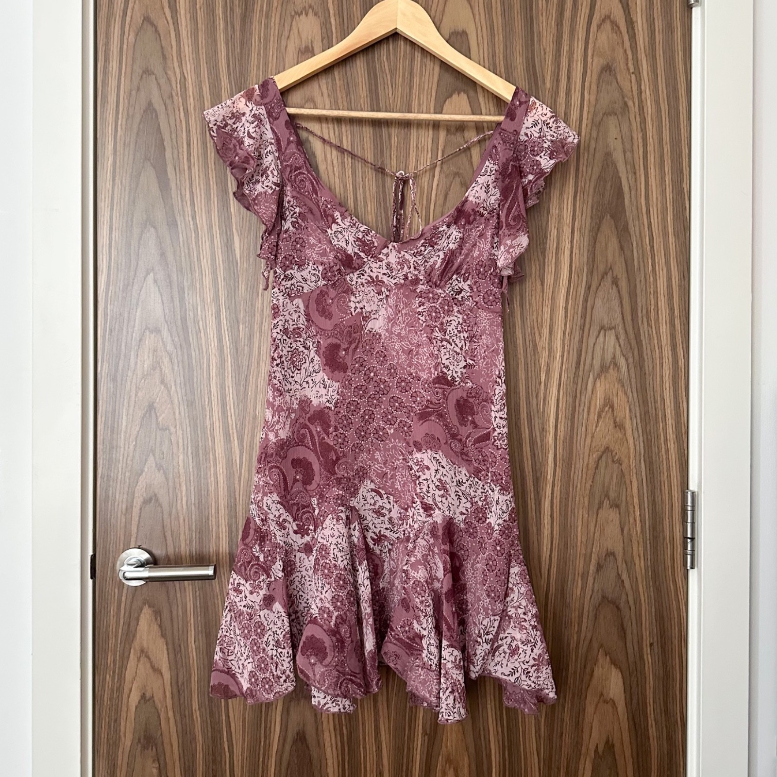 Bershka Pink Floral Paisley Flutter Sleeve Hanky Hem Tie Back Mini Dress S