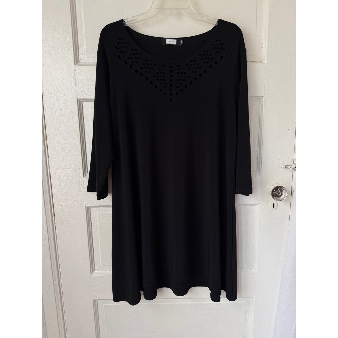 Sympli Black Swing Dress Laser Cut Neckline Classic Minimalist Lagenlook 14