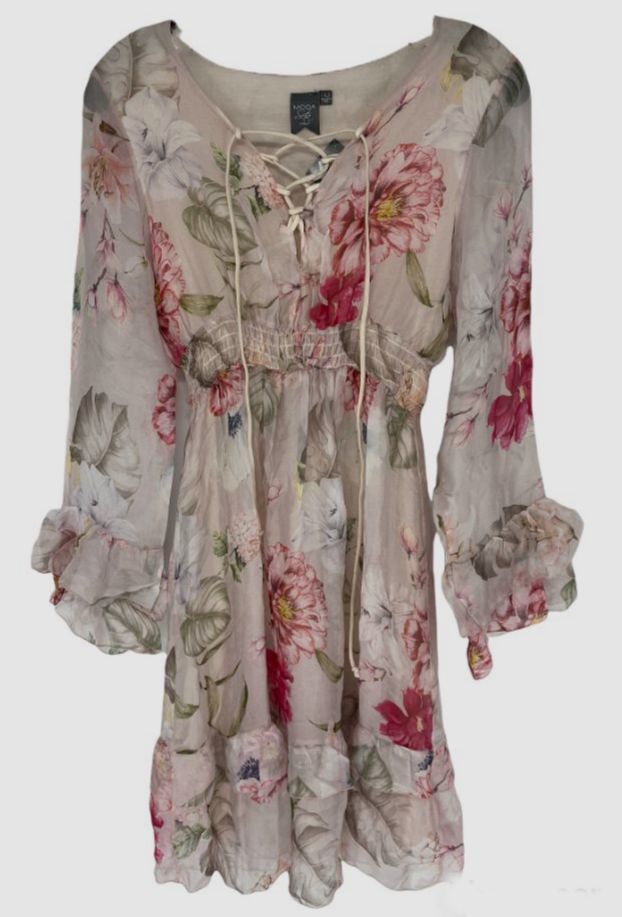 $138 Moda Seta Women’s Pink Floral Lace-Up Bell-Sleeve Dress Size Large