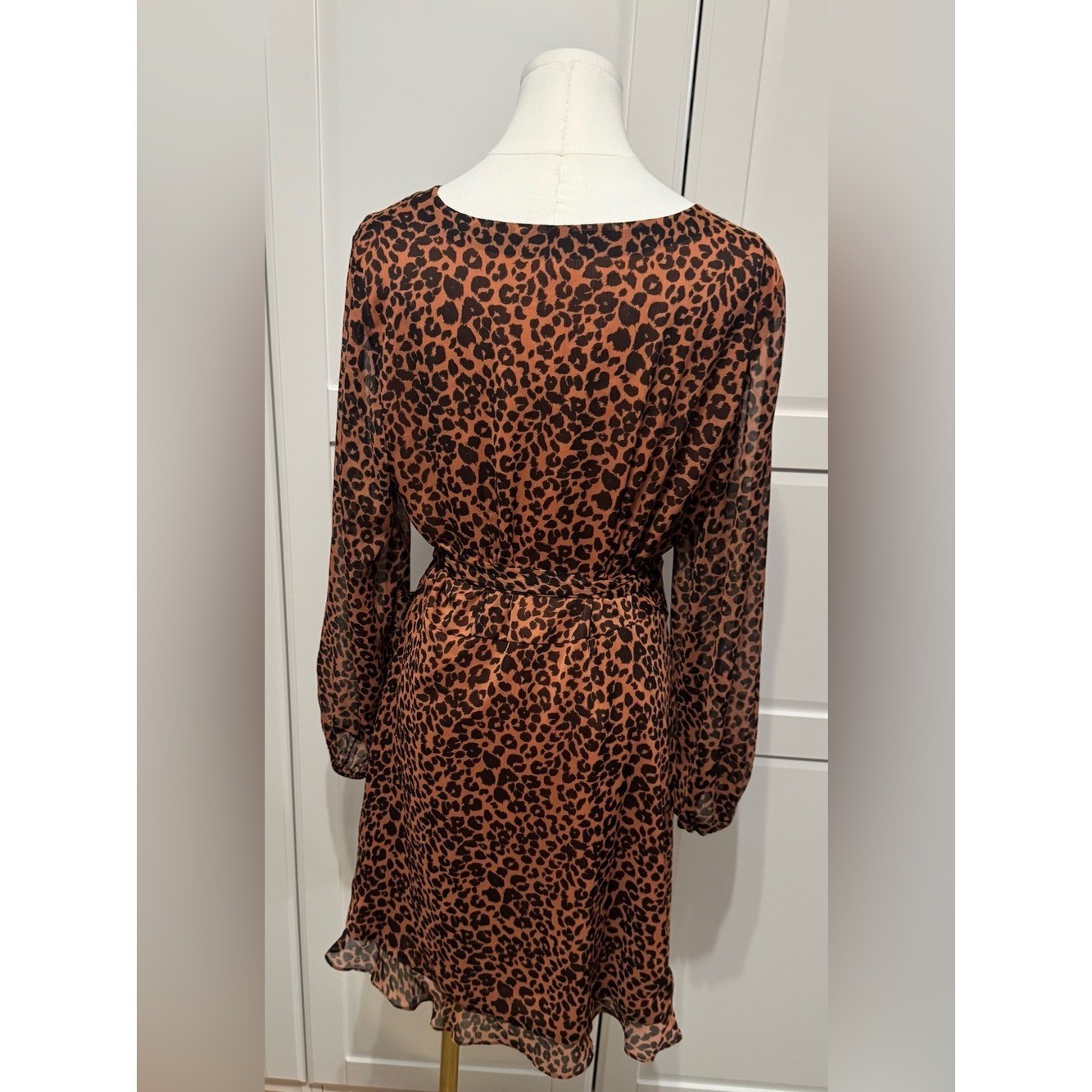 Gianni Bini Brown Leopard Print Wrap Long Elasticated Cuff Sleeve Mini Dress L
