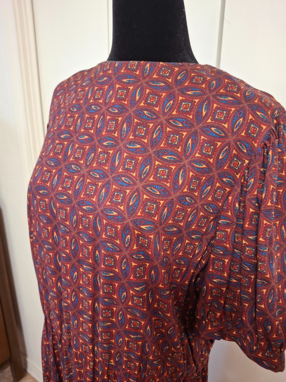 Handmade Brown Paisley Pleated Dress-Prairie, Historic, Cottage-L/XL 33 in waist