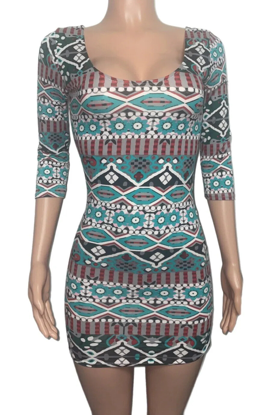 Y2K aztec print bodycon mini dress soft 3/4 sleeves club party low cut raver hot