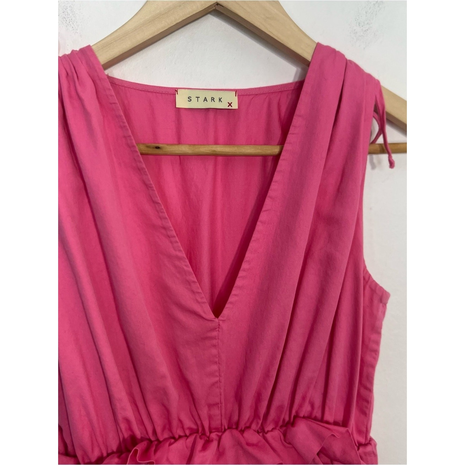 Stark X Pink Ginny Midi Elastic Waist Cotton V Neck Pockets Dress Size Small