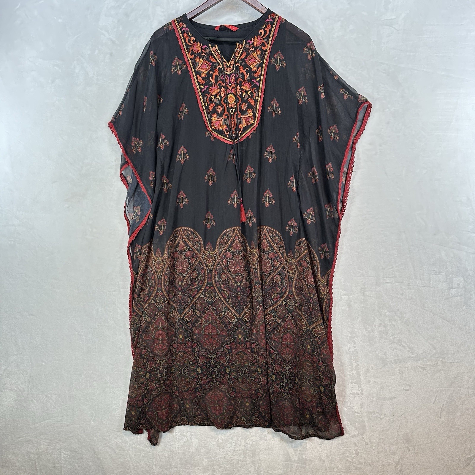 Lakshita Dress Womens M Black Red Embroidered Kaftan Chiffon Shift Crochet