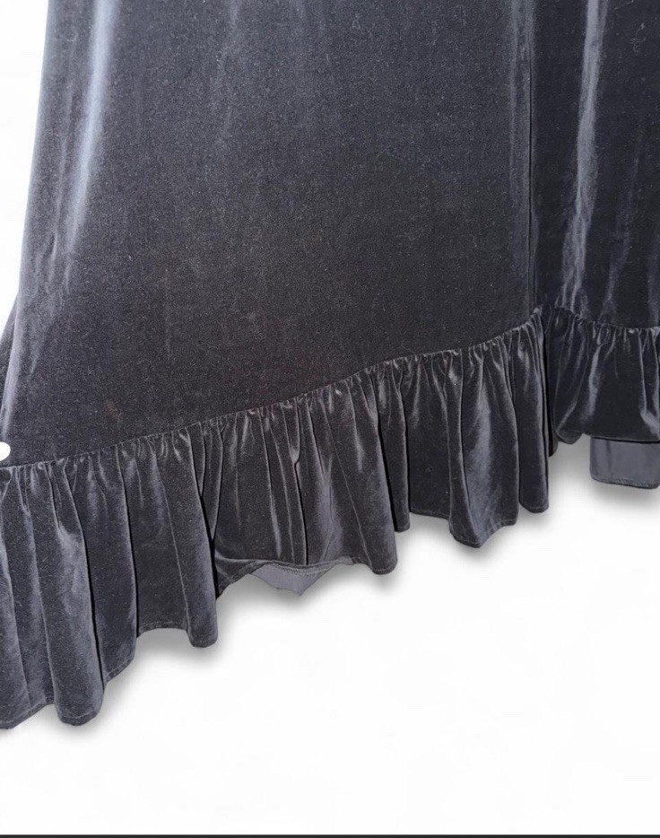 Mary Benson Black Velvet A-Line Maxi Dress Puff Sleeve Square Neck Ruffle