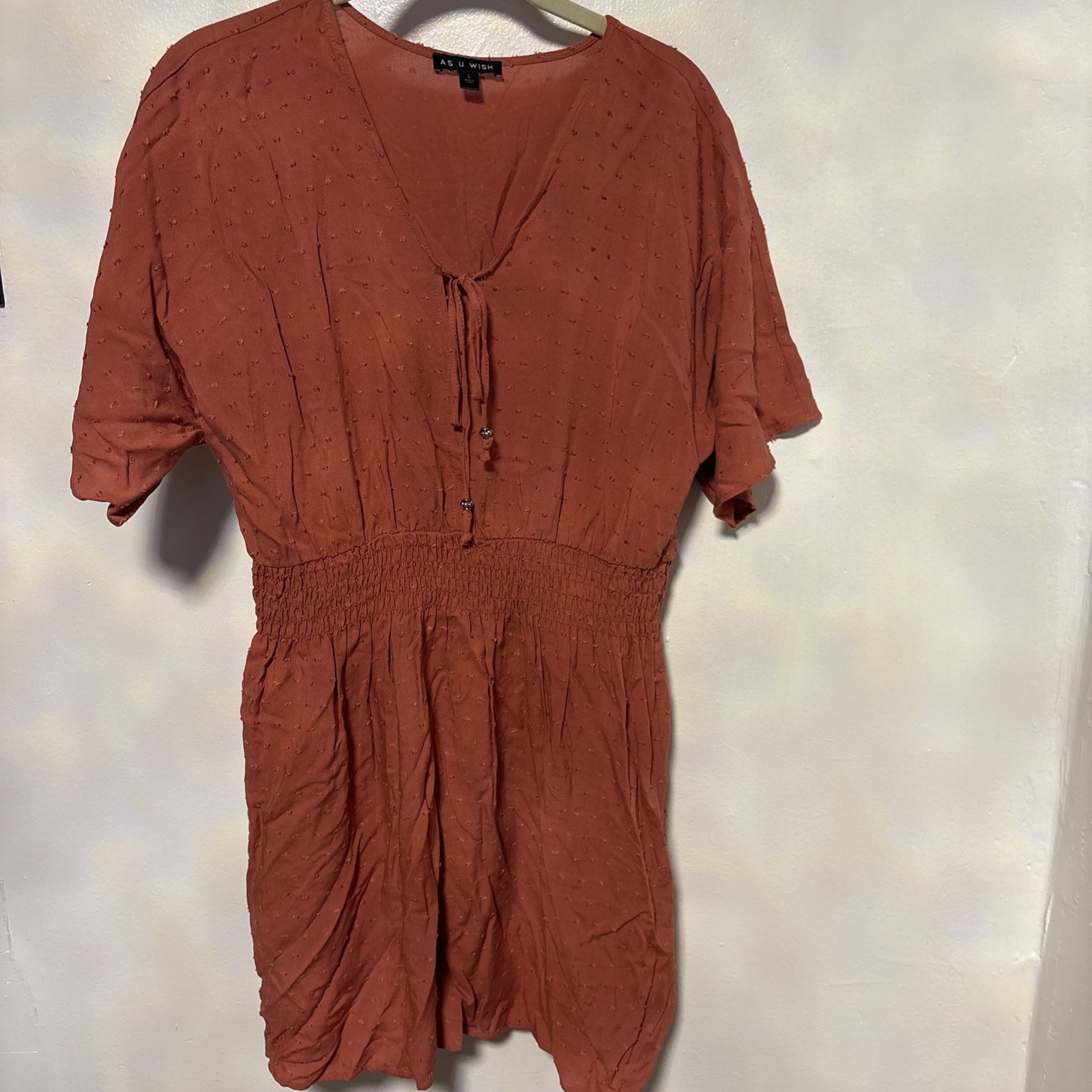 AS U WISH White Textured Smocked Waist Mini Dress.