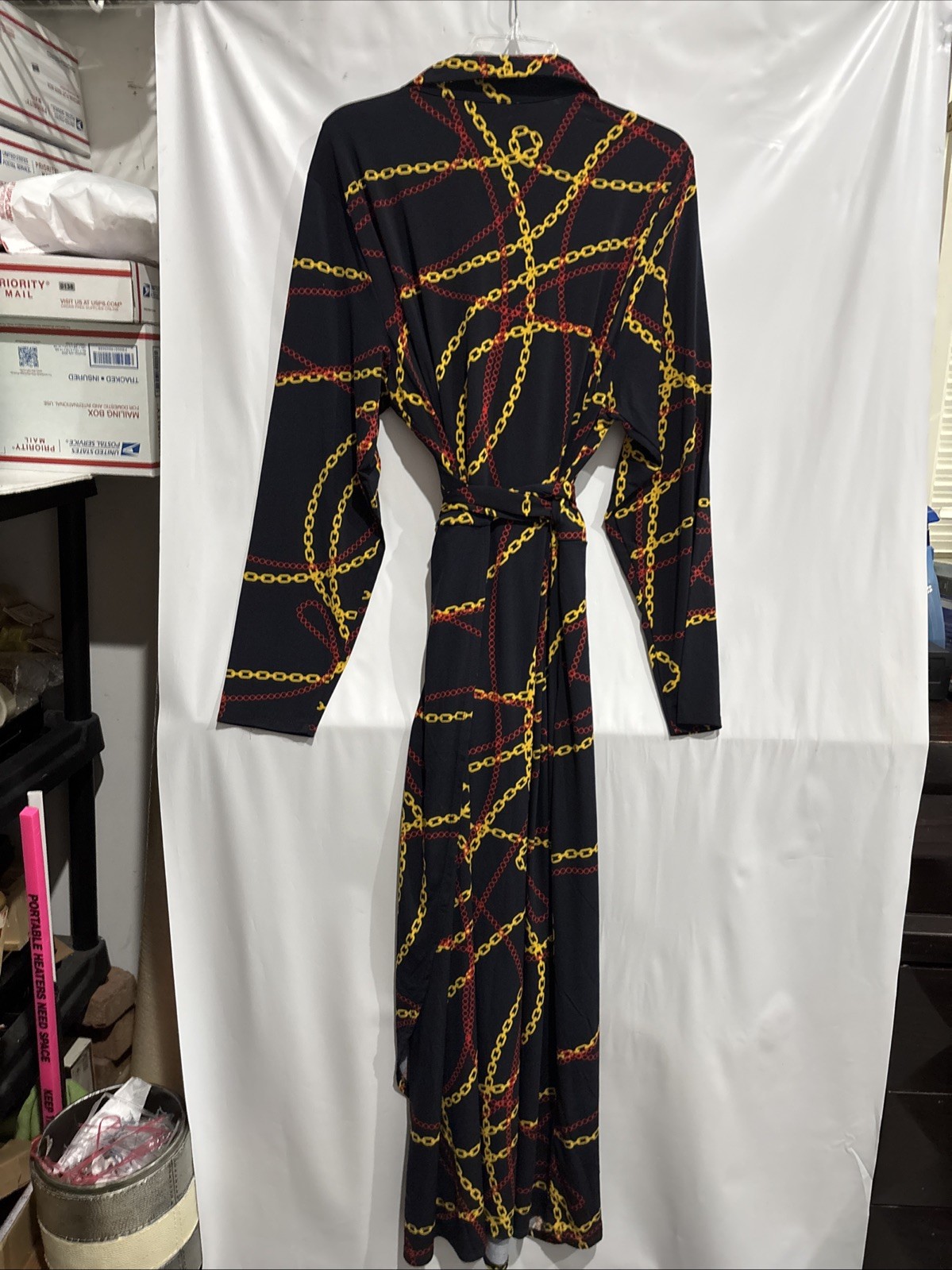 Ashro Black Red Gold Chains Wrap Style Dress Long Sleeve Plus Size 20W Casual
