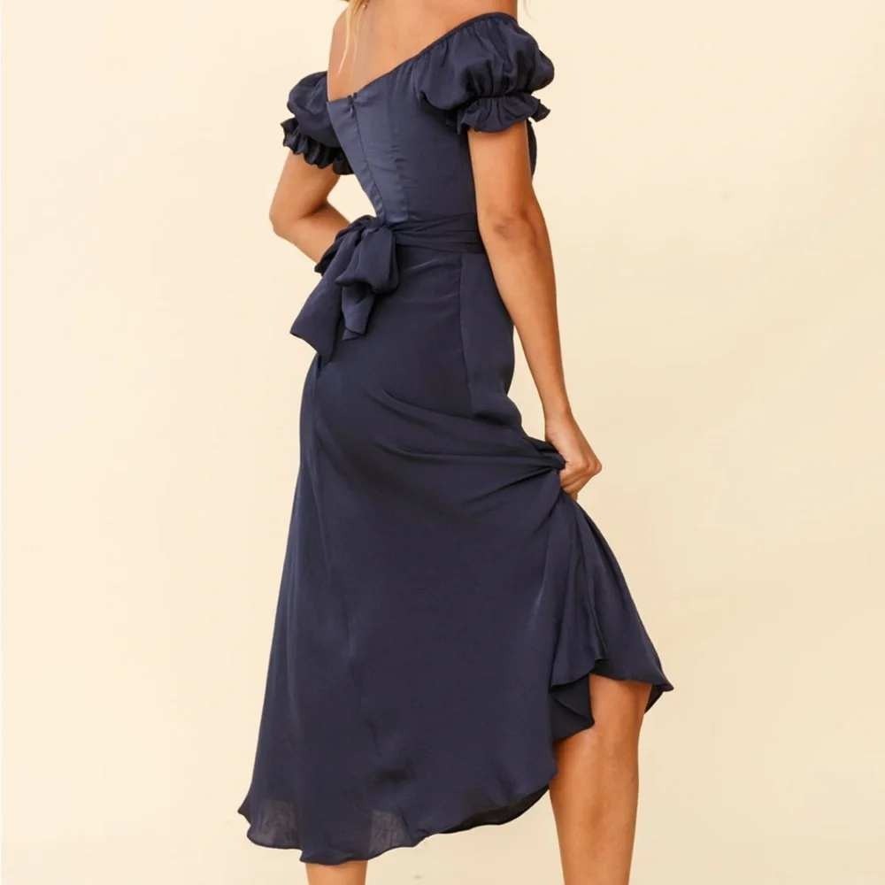 Saints & Secrets Satin Off Shoulder Midi Dress L Navy Blue Puff Sleeve Romantic