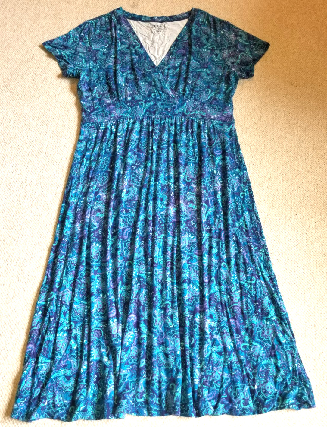 Womens Dress-L.L. BEAN-blue/purple paisley rayon stretch ‘Summer Knit’ A-line-L