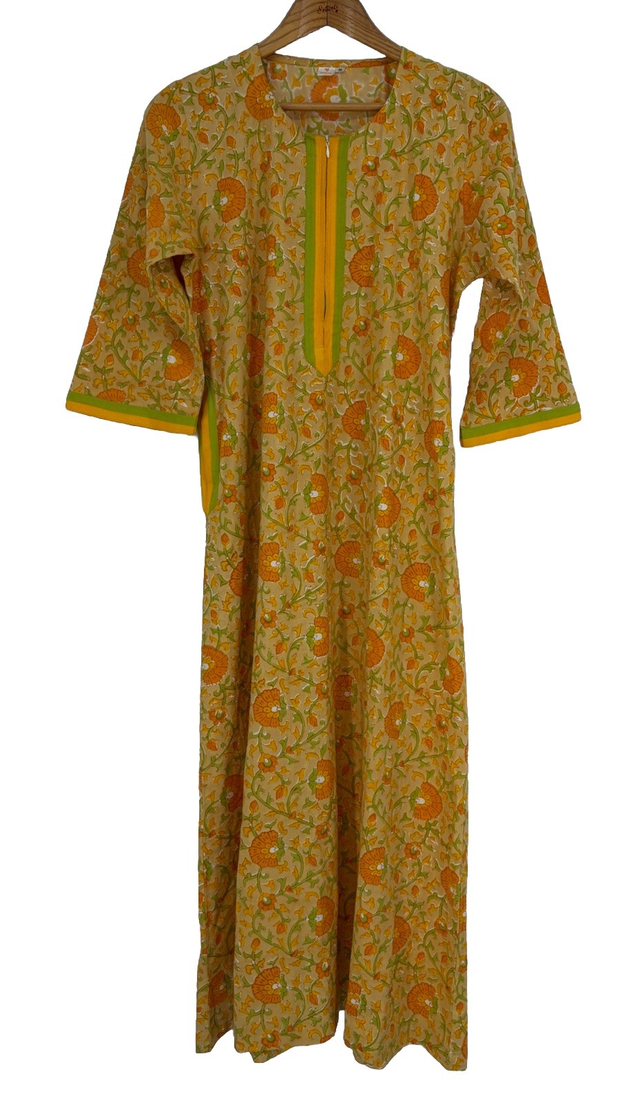 Vtg Kilol Boho Maxi Dress S Floral 3/4 Sleeve 80s Retro Hippie Cotton Pockets