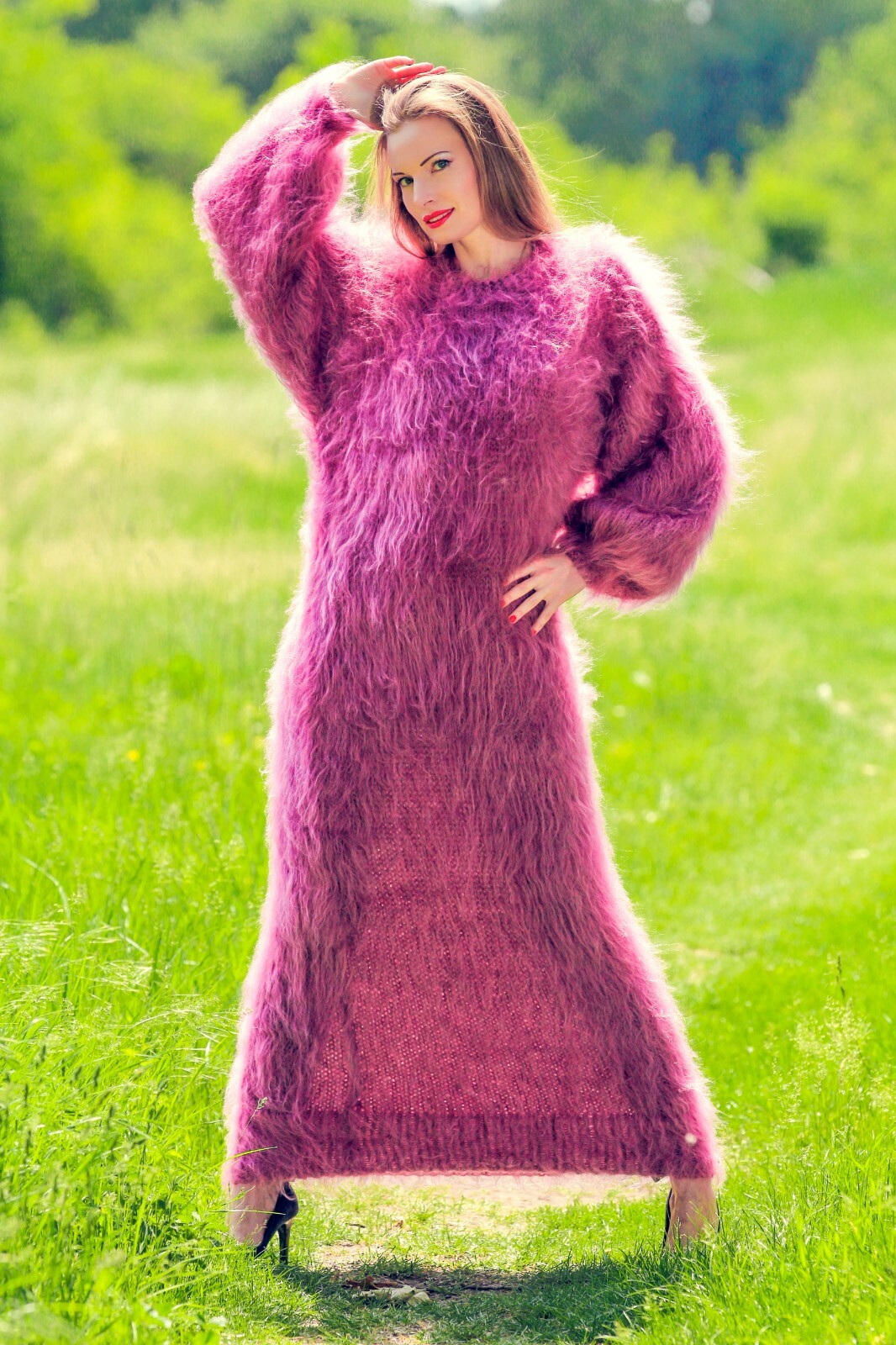 SuperTanya long fuzzy mohair sweater dress purple soft hand knitted soft gown