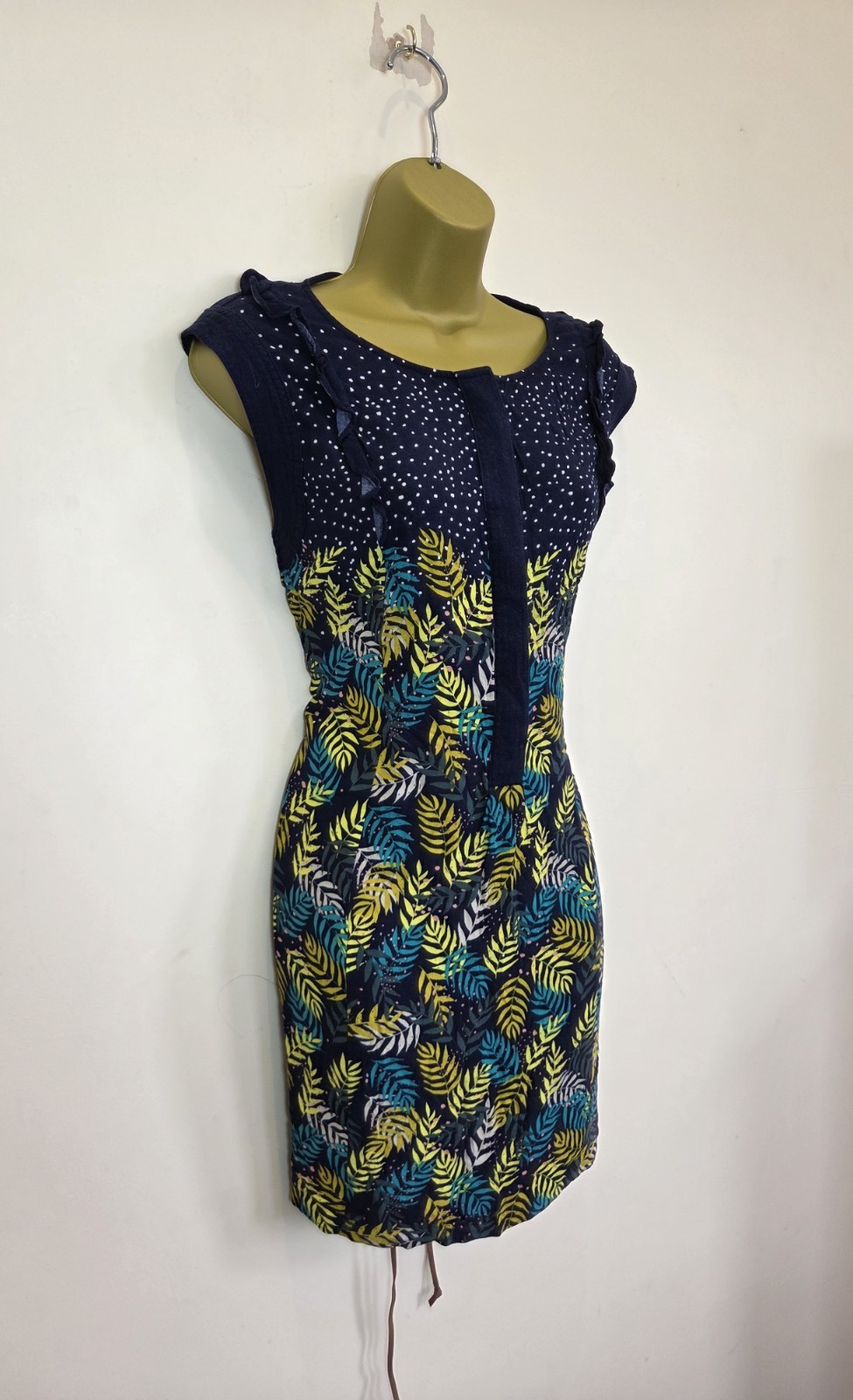 White Stuff Size 14 Navy Blue Gold Sleeveless Belt Leaf Print Autumn Tunic Dress