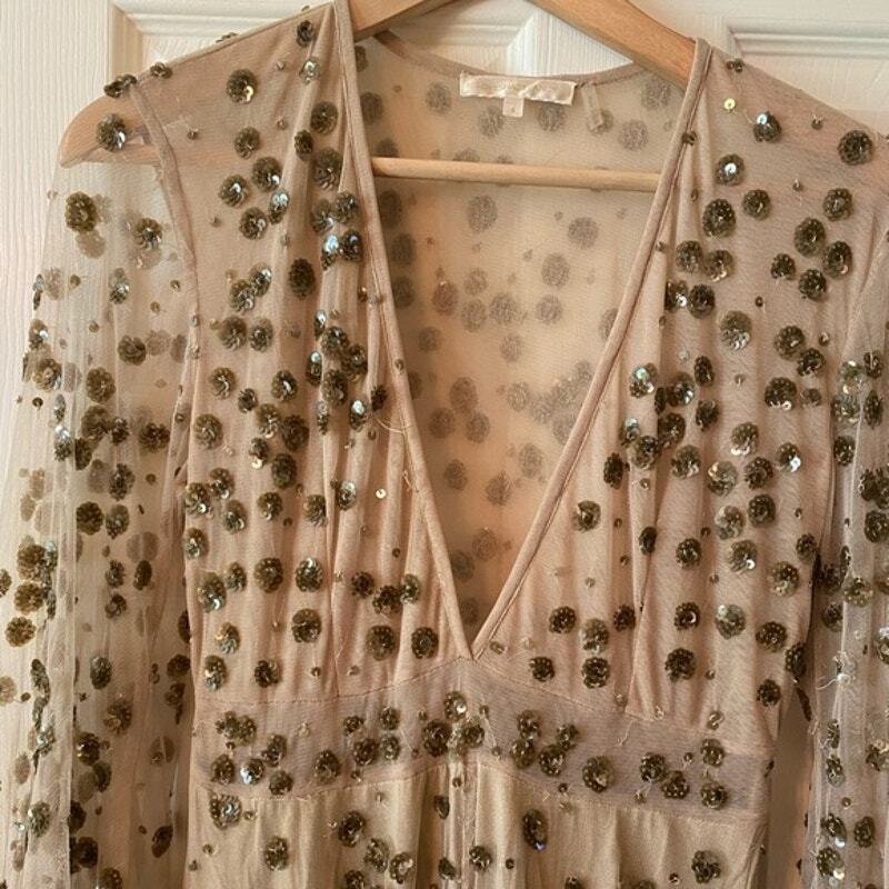 LoveShackFancy Maxi Gown Gold Nude Sequin-Embellished Tulle Janet Dress Sz 0
