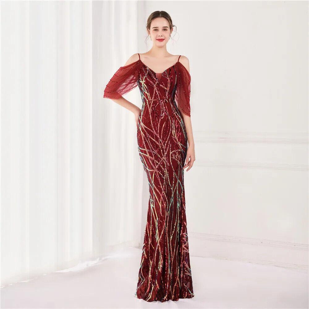 Women Performance Mesh Green Elegant Beading Evening Sequin Maxi Long Prom Dress
