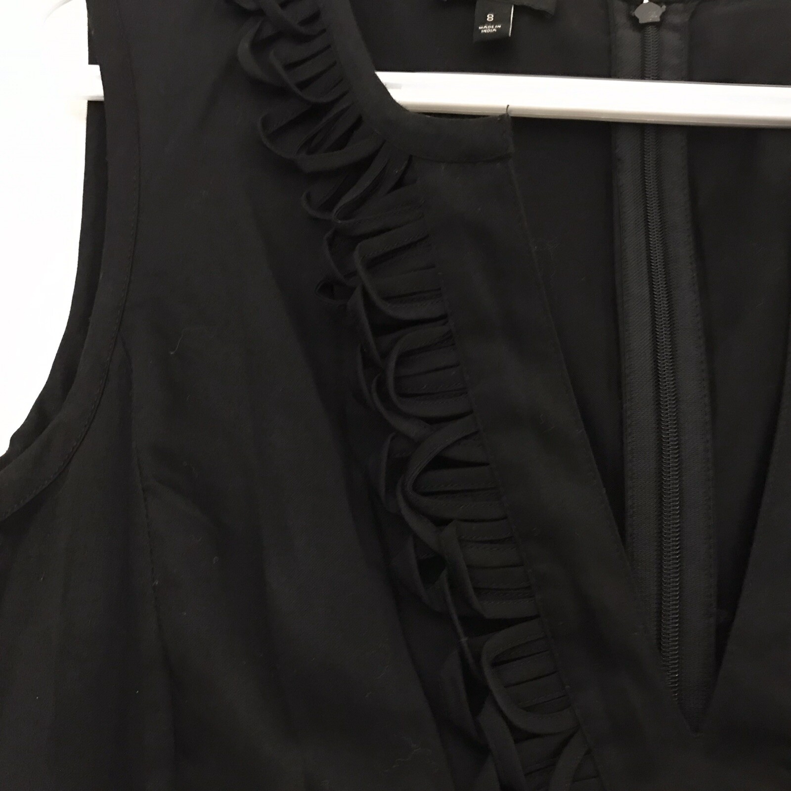 Talbots Womens Sleeveless Dress 8 Black V Neck Belt Ruffle Zip Back Hook Close