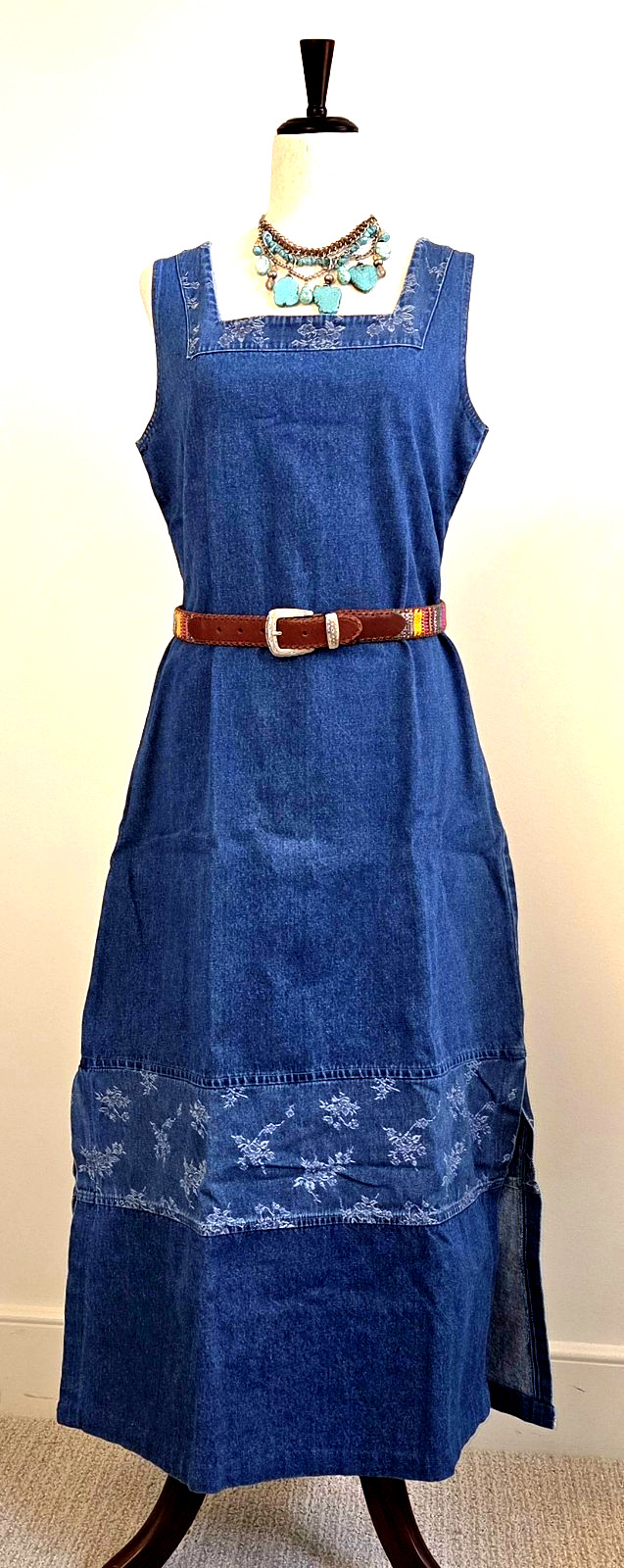 VTG Denim Maxi Dress Womens L Med Wash Embroidered Coastal Cowgirl Grannycore