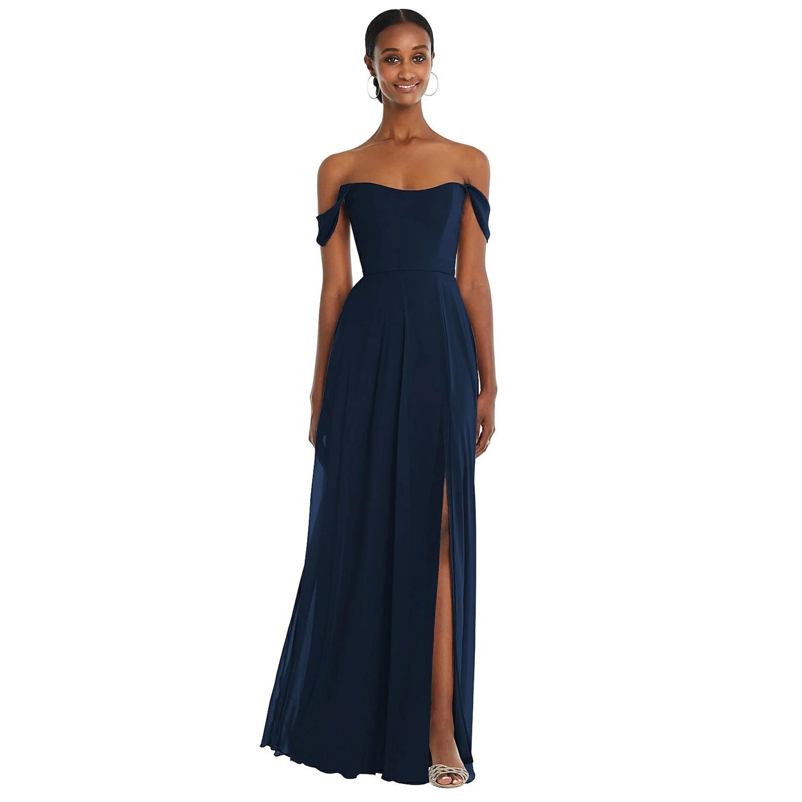 After Six Navy Lux Chiffon Gown Off Shoulder Formal Maxi 4 Prom Wedding NWOT