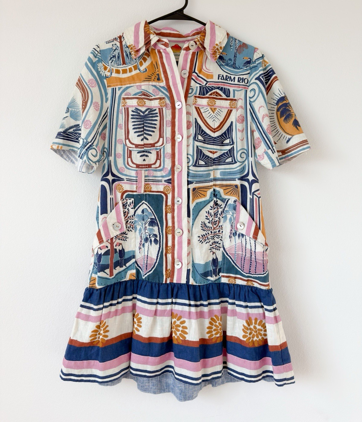 FARM Rio Geometric Linen Button-Front Shirt Dress Pockets Multicolor XS