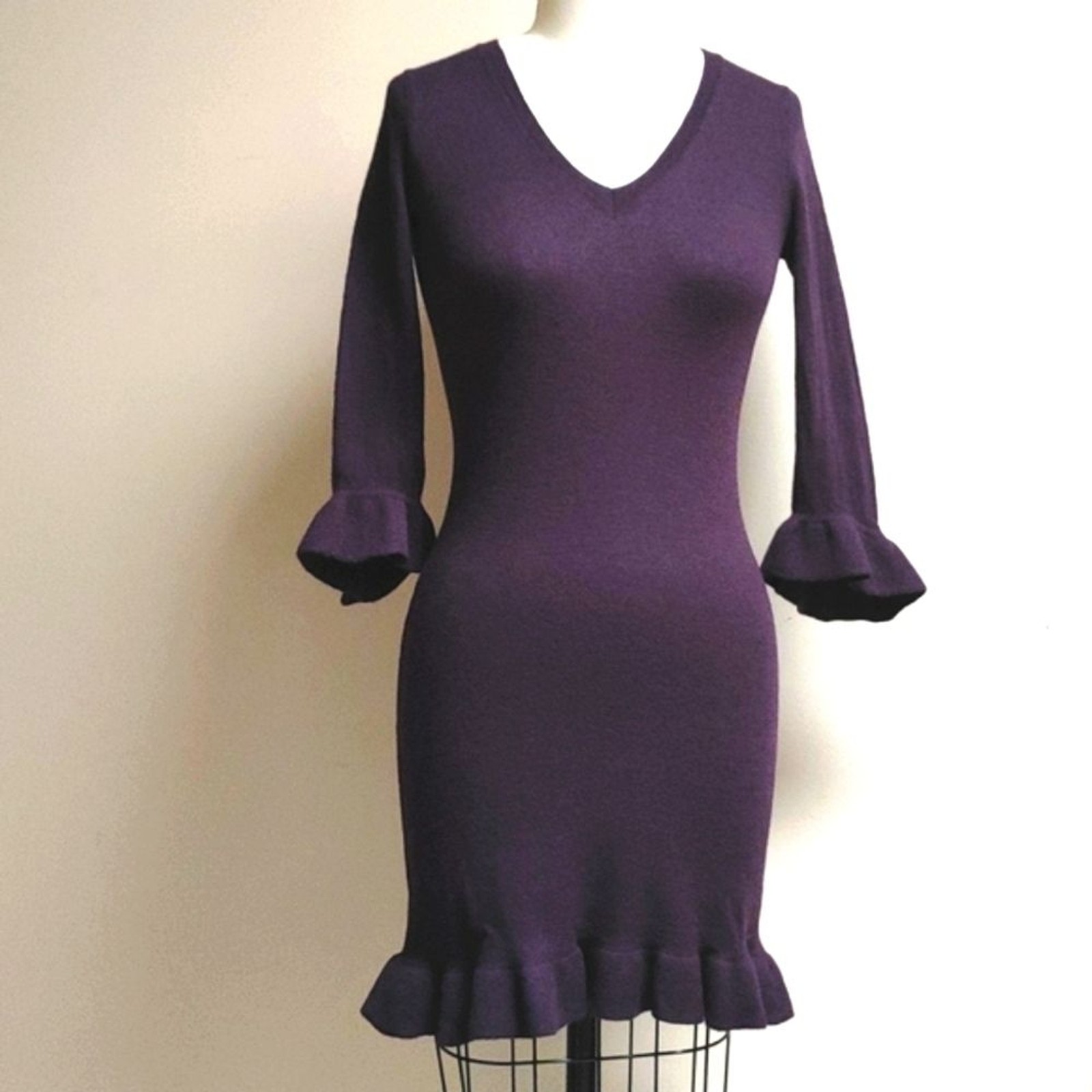 VTG Cynthia Rowley Purple Merino Wool Sweater Dress with Ruffled Cuff & Hem