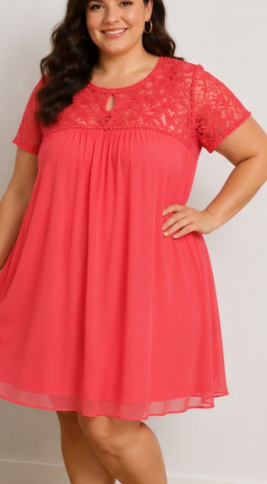 A.U.W Women’s 2X Plus Pink Solid Lace Yoke Keyhole Short Sleeve Dress