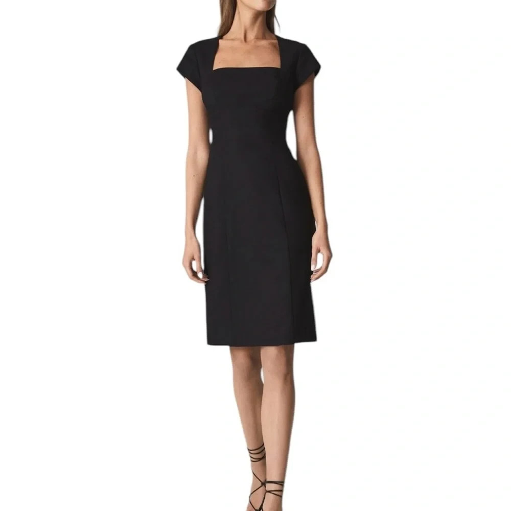 Reiss Black Haisley Tailored Squareneck Wool-Blend Sheath Dress Size 12 $290