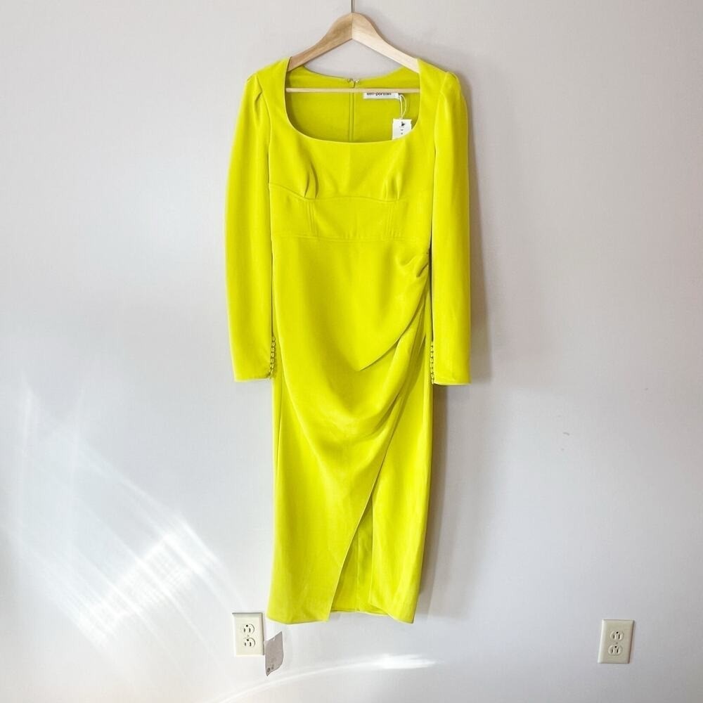 Self-Portrait Crepe Ruched Midi Dress Lime Green Puff Sleeve 6 NWT