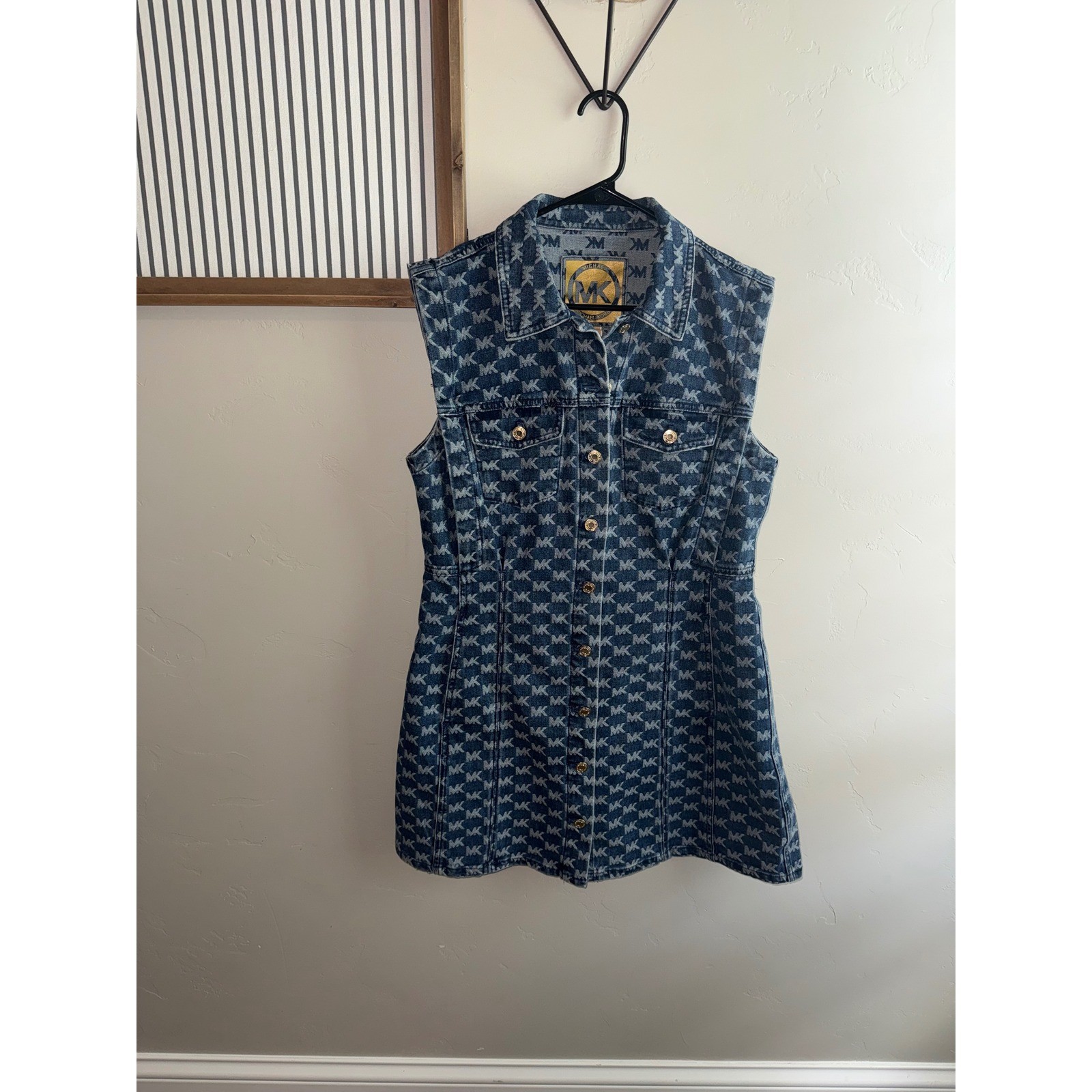 Michael Kors MK Monogram Sleeveless Denim Shirt Dress Blue Gold Buttons Large