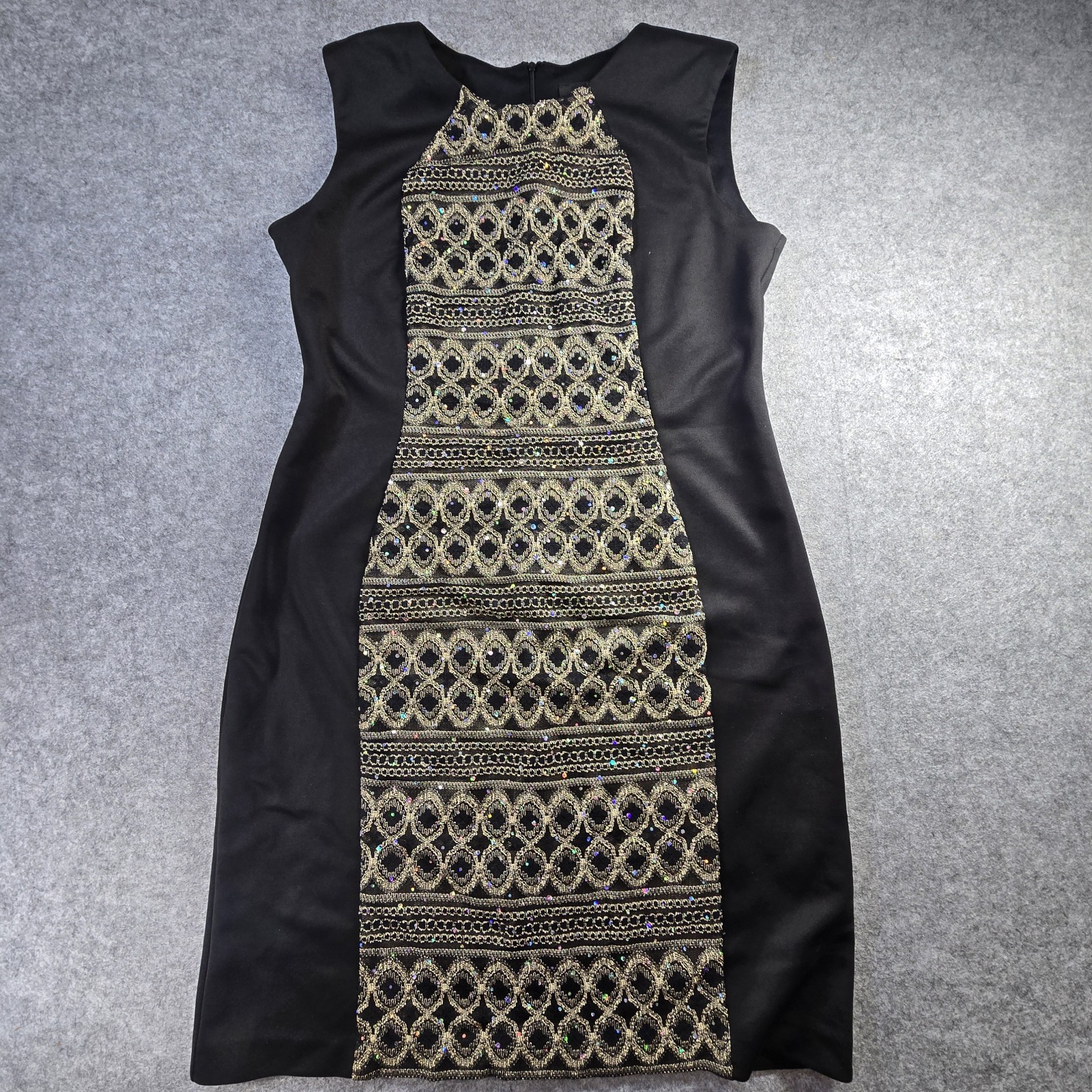 R&M Richards Black and Gold Lace Sleeveless Pencil Party Dress w Rhinestones 082