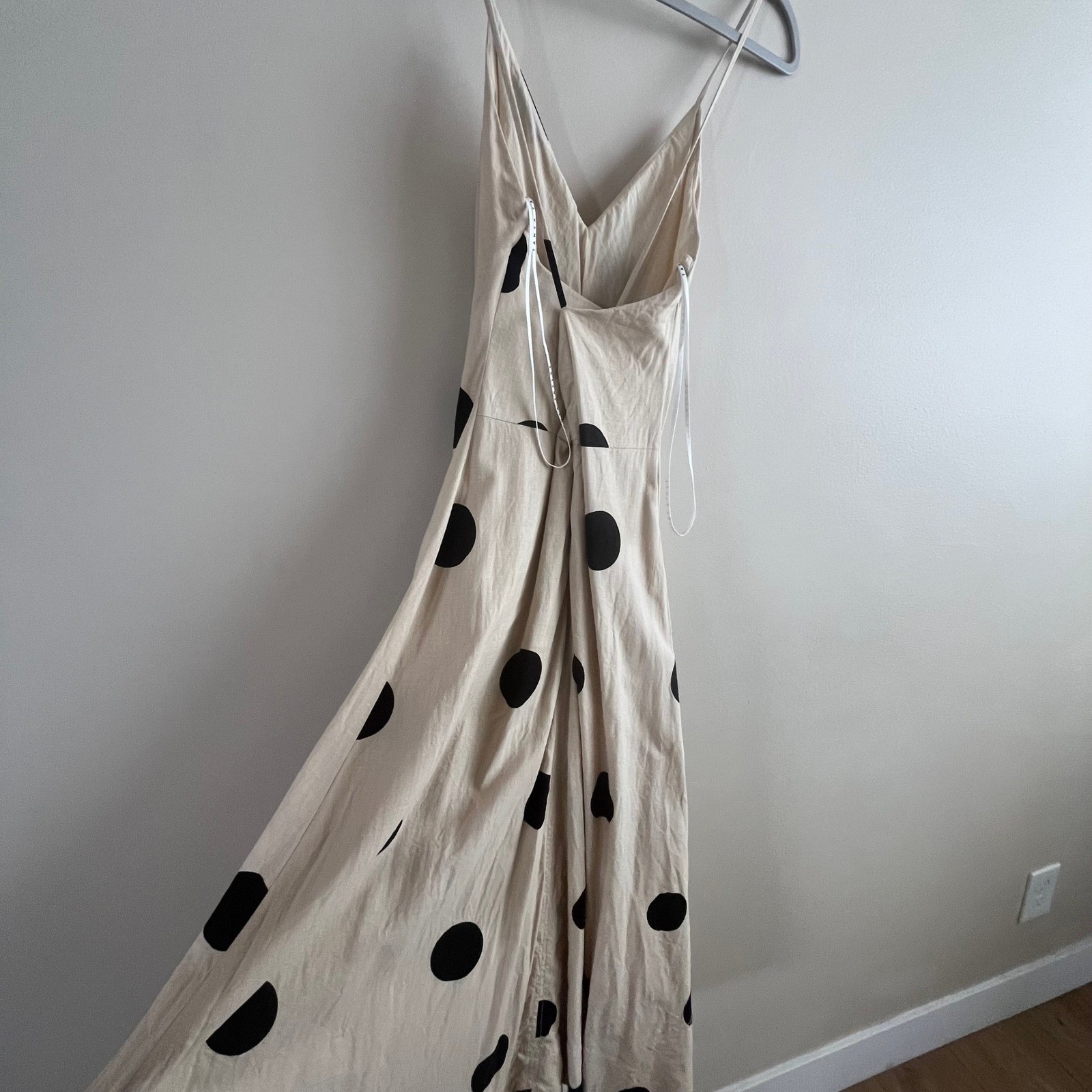 Tanya Taylor Meredith Dress Polka Dot Linen Ruched V Neck Cream Midi 4