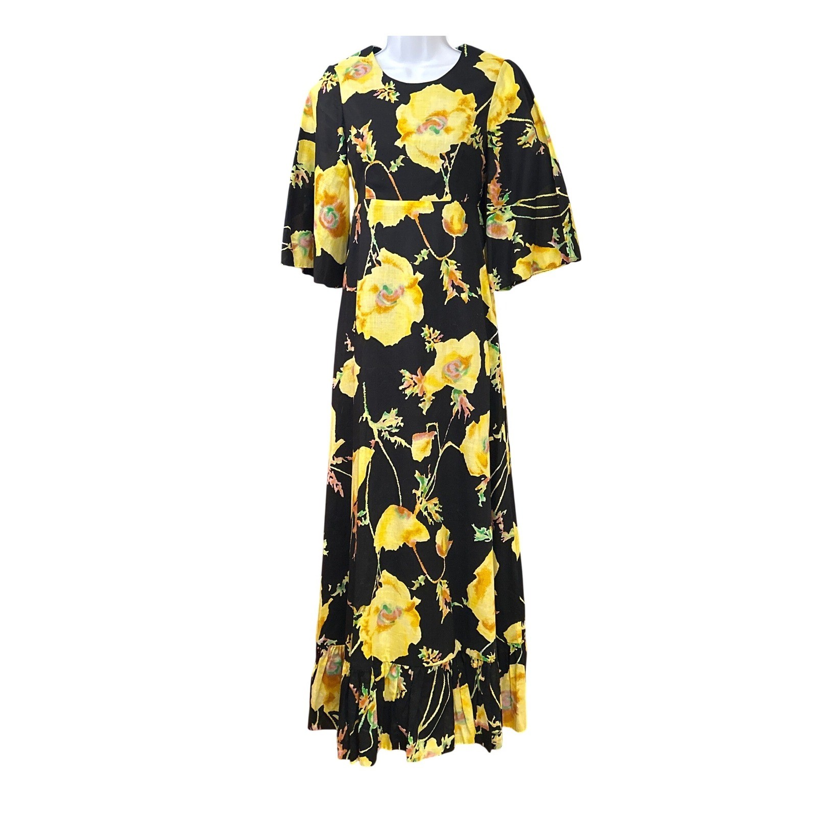 Vintage 70s Black Yellow Floral Maxi Dress Prairie Boho Kimono Sleeve Festival