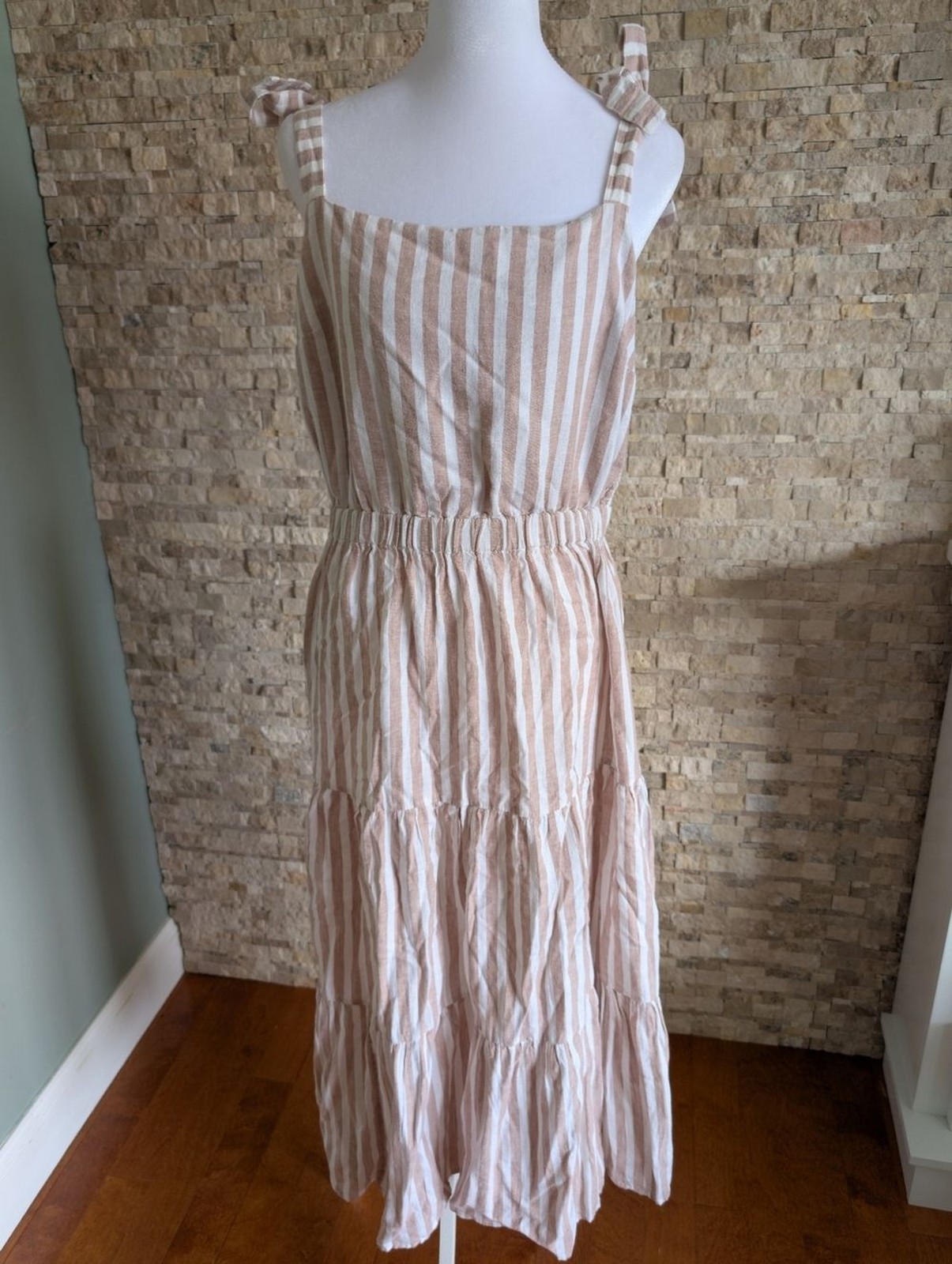 Linen Blend Tie Strap Ruffle Tier Coastal Neutral Striped Midi Dress Sz L Beach