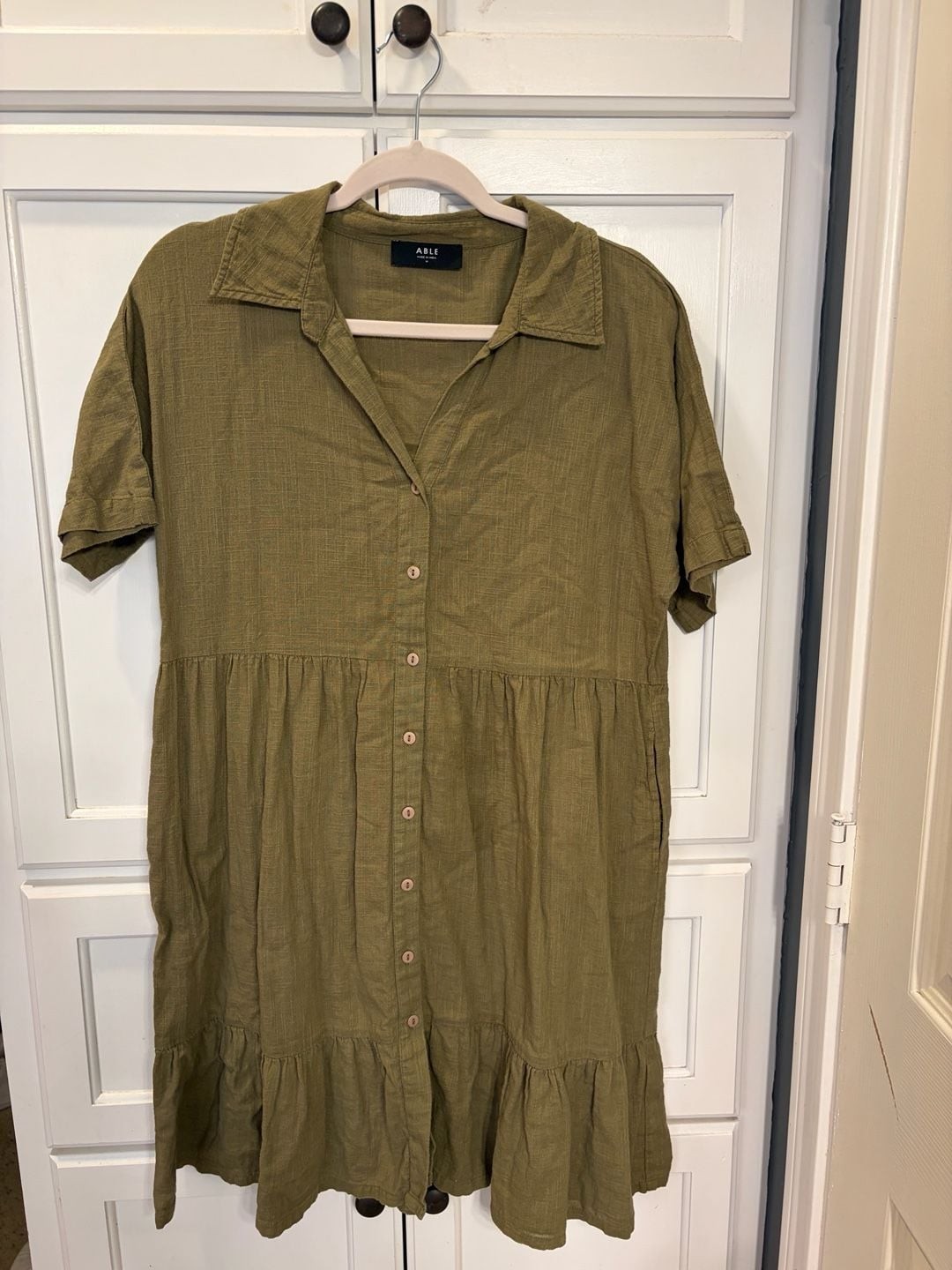 ABLE Women’s Ida Tiered Button-Down Shirt Dress in Olive Green Medium